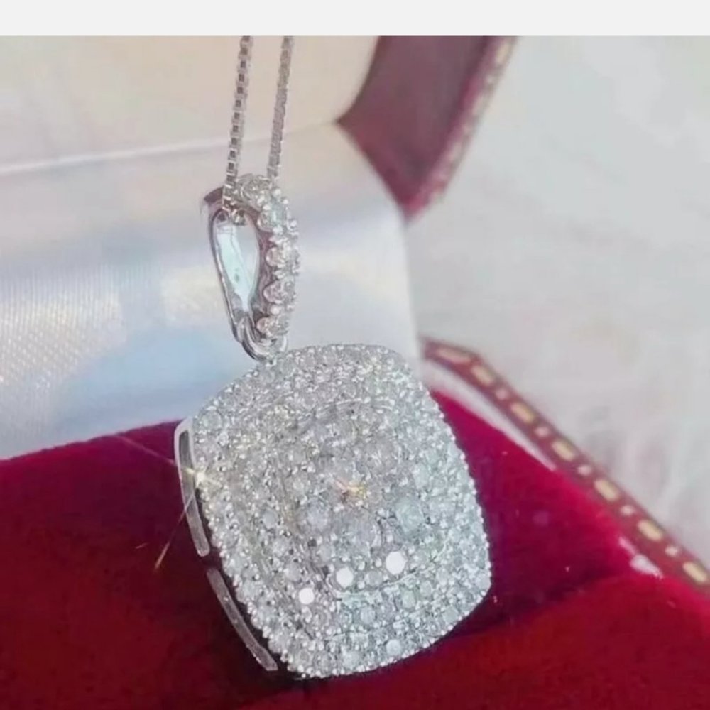 New Silver Filled White Sapphire Square Necklace - Picture 3 of 6